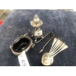 SILVER SALT AND PEPPERETTE , SIX SILVER SPOONS AND SUGAR TONGS.