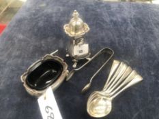 SILVER SALT AND PEPPERETTE , SIX SILVER SPOONS AND SUGAR TONGS.