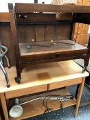 A 1970S PINE SIDE TABLE WITH TWO DRAWERS OVER A TIER, A TWO TIER TROLLEY, A 1950S SET OF FIVE