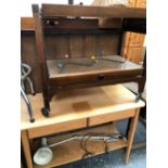 A 1970S PINE SIDE TABLE WITH TWO DRAWERS OVER A TIER, A TWO TIER TROLLEY, A 1950S SET OF FIVE