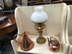 A BRASS LANTERN, COPPER KETTLE AND A COPPER JUG