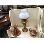 A BRASS LANTERN, COPPER KETTLE AND A COPPER JUG