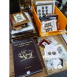 FRAMED AND LOOSE BRITISH AND WORLD COINS TOGETHER WITH SOME PAPER MONEY AND POSTAGE STAMPS