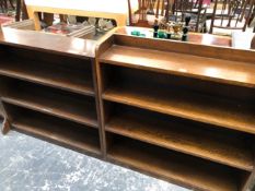 TWO OAK OPEN SHELF BOOKCASES, THE TALLER. W 91 x D 22 x H 92cms