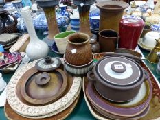 A PAIR OF STUDIO POTTERY CANDLESTICKS, VASES, TEA POTS AND DISHES