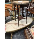 A MAHOGANY OCCASIONAL TABLE WITH CIRCULAR OCHRE MARBLE TOP. Dia. 42 x H 68cms. TOGETHER WITH AN OVER