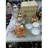 TEA AND GLASS WARES, A COTTAGE TEA POT, AN ENAMEL BREAD BIN, AN ELECTROPLATE SCUTTLE SUGAR BOWL,