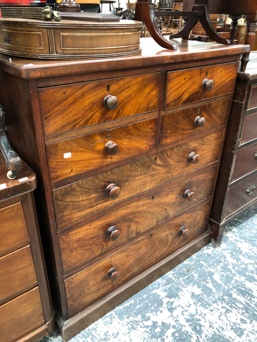 A 19th C. MAHOGANY CHEST OF FOUR SHORT AND THREE GRADED LONG DRAWERS ON A PLINTH FOOT. W 102 x D