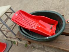 TWO DOG BEDS AND A CHILD'S SLEDGE