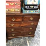 A GEORGE III OAK CHEST OF TWO SHORT AND THREE GRADED LONG DRAWERS ON BRACKET FEET. W 109 x D 51 x