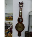 A 19th C. MAHOGANY WHEEL BAROMETER WITH A MERCURY THERMOMETER, INDISTINCTLY SIGNED SALMON OF OXFORD