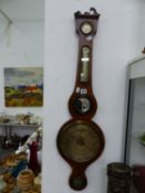 A 19th C. MAHOGANY WHEEL BAROMETER WITH A MERCURY THERMOMETER, INDISTINCTLY SIGNED SALMON OF OXFORD