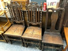 A PAIR OF 17th C. STYLE OAK CHAIRS WITH GRAPE CARVED SPLATS BETWEEN BARLEY TWIST COLUMNS TOGETHER