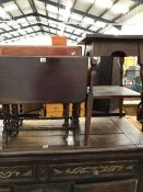 AN ARTS AND CRAFTS MAHOGANY TWO TIER TABLE TOGETHER WITH TWO MAHOGANY SUTHERLAND COFFEE TABLES