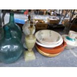VARIOUS BOWLS FROM JUG AND BOWL SETS, TWO TABLE LAMPS AND TWO GLASS DEMIJOHNS
