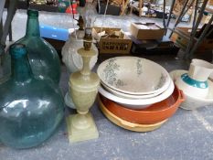 VARIOUS BOWLS FROM JUG AND BOWL SETS, TWO TABLE LAMPS AND TWO GLASS DEMIJOHNS