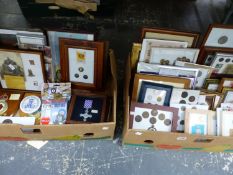 FRAMED COINS, MILITARY AWARDS AND BADGES TOGETHER WITH REPLICA MEDALS