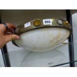 AN ARTS AND CRAFTS CEILING LIGHT, THE WHITE MARBLED GLASS HELD IN A MEATL BAND SET WITH