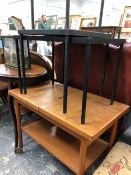 A TEAK TWO TIER TROLLEY TOGETHER WITH THREE TILE TOPPED IRON OCCASIONAL TABLES AND A WALL MIRROR