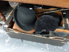 AN ADAMSON'S BOWLER HAT, A SWORD SCABBARD, A PAIR OF CHURCH'S LEATHER BROGUE'S, RIDING HATS ETC.