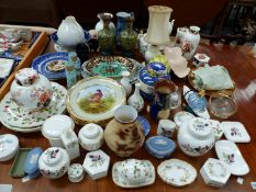 A MASONS AND OTHER GINGER JARS, DECORATIVE PIN TRAYS, TRINKET BOXES, SPODE WALL PLATES, CLOISONNE