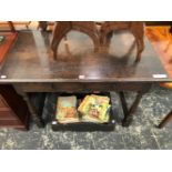 A 20th C. OAK SIDE TABLE WITH TWO DRAWERS ABOVE BALUSTER LEGS JOINED AT THE SQUARE SECTIONED FEET BY