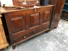 AN 18th C. OAK MULE CHEST, THE THREE PANELLED FRONT OVER TWO SHORT DRAWERS AND THE STILE FEET. W 137