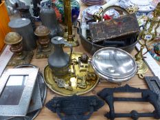 A COPPER JAM PAN, BRASS CANDLESTICKS OTHER BRASS AND PEWTER TOGETHER WITH THREE IRON DOOR FITTINGS