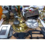 A COPPER JAM PAN, BRASS CANDLESTICKS OTHER BRASS AND PEWTER TOGETHER WITH THREE IRON DOOR FITTINGS