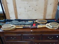 MILBRO AND DAIWA FISHING ROD, VINTAGE GOLF CUBS, TENNIS AND SQUASH RACQUETS.