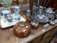 A VINTAGE PICQUOT WARE TEA SERVICE WITH TRAY, AND VARIOUS SILVER PLATED WARES.