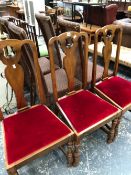 A SET OF THREE LATE 19th C. MAHOGANY CHAIRS WITH BALUSTER SPLATS ABOVE DROP IN SEATS AND TURNED