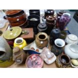 DENBY STONE WARE, STUDIO POTTERY TOGETHER WITH AN AUBERGINE GLASS VASE