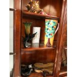 A VIOLIN FORMED TRAY, A WOODEN ORNAMENT, LARGE VASE, A GUCCI BOX AND TWO ART NOUVEAU STYLE LAMPS.