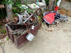VARIOUS IRON WORK, ANTIQUE BRASS STAIR RODS, LADDERS, HORSE TACKLE, VINTAGE LANTERNS ETC