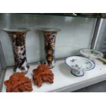 A PAIR OF FRENCH IMARI PALETTE SLEEVE VASES, TWO POTTERY COMPORTS TOGETHER WITH A PAIR OF TERRACOTTA