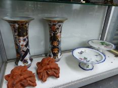 A PAIR OF FRENCH IMARI PALETTE SLEEVE VASES, TWO POTTERY COMPORTS TOGETHER WITH A PAIR OF TERRACOTTA