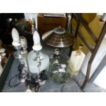 TOMTOMS, A BRIEF CASE, THREE LIGHT CHANDELIER, TABLE LAMPS AND SHADES AND A TOILETRY STAND ETC