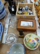 A BRONZE FIGURE OF A BOY, THIMBLES, TWO WHITBREAD BEER BOTTLES, A MINIATURE CHAMBER POT, TWO CLARICE