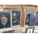 FOUR VARIOUS OIL PAINTING PORTRAITS AND A CHURCH INTERIOR OILS ON CANVAS AND ONE ON BOARD.