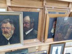 FOUR VARIOUS OIL PAINTING PORTRAITS AND A CHURCH INTERIOR OILS ON CANVAS AND ONE ON BOARD.