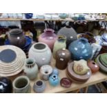 A COLLECTION OF STUDIO POTTERY VASES, JUGS AND PLATES