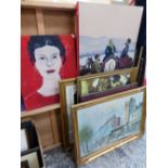 FOUR OIL ON CANVAS PAINTINGS, VARIOUS PRINTS AFTER THE ANTIQUES, OIL PAINING MOULIN ROUGE SIGNED