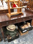 A 19th C. MAHOGANY TABLE WITH THREE DRAWERS ABOVE THE RING TURNED CYLINDRICAL LEGS TAPERING TO