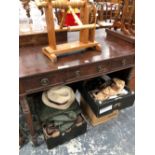 A 19th C. MAHOGANY TABLE WITH THREE DRAWERS ABOVE THE RING TURNED CYLINDRICAL LEGS TAPERING TO