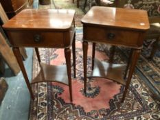 A PAIR OF MAHOGANY SINGLE DRAWER BEDSIDE TABLES, A NEST OF THREE TABLES, A STOOL AND A WALNUT TWO