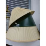 TWO WHITE CLOTH LAMP SHADES TOGETHER WITH ANOTHER IN GREEN CARD