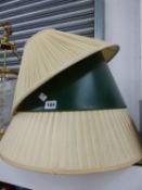 TWO WHITE CLOTH LAMP SHADES TOGETHER WITH ANOTHER IN GREEN CARD