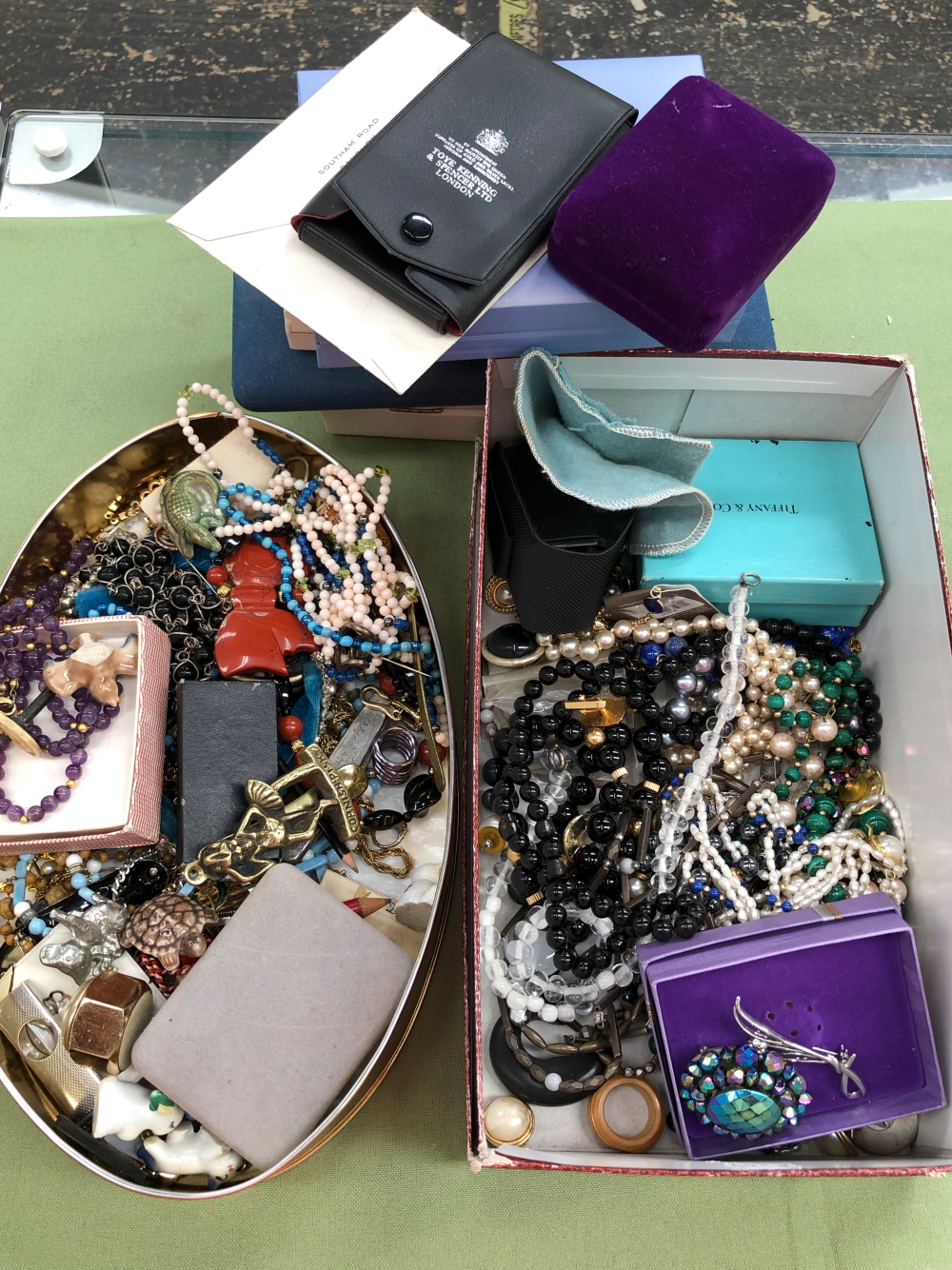 A LARGE QUANTITY OF VARIOUS VINTAGE AND LATER COSTUME JEWELLERY, ROTARY CLUB JEWEL, ETC.