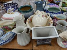 A WEDGWOOD MOONLIGHT LUSTRE JUG, MALING AND OTHER JUGS, A DOULTON AND SLATER PLANTER, OTHER